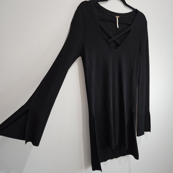 Free People Crisscross Black Tunic Top Long Flare Sleeve Womens Medium - Picture 6 of 15